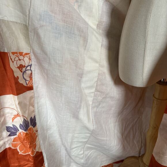 Vintage Japanese Silk Kimono Red Orange Floral Rinzu Pattern Hand Sewn Lined - Picture 8 of 10